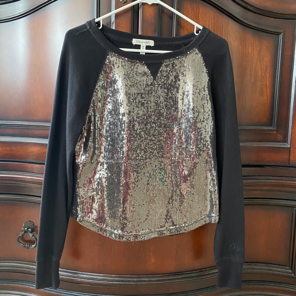 Aeropostal Long Sleeve Shirt Silver Sequin Front